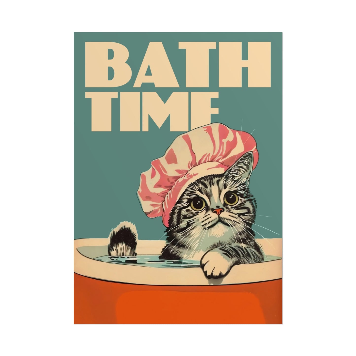 Retro Bath Time Poster Cat Bathroom Wall Art Quirky Vintage Art Print Kitty Funny Toilet Art Print Bathtime Art Bath Print