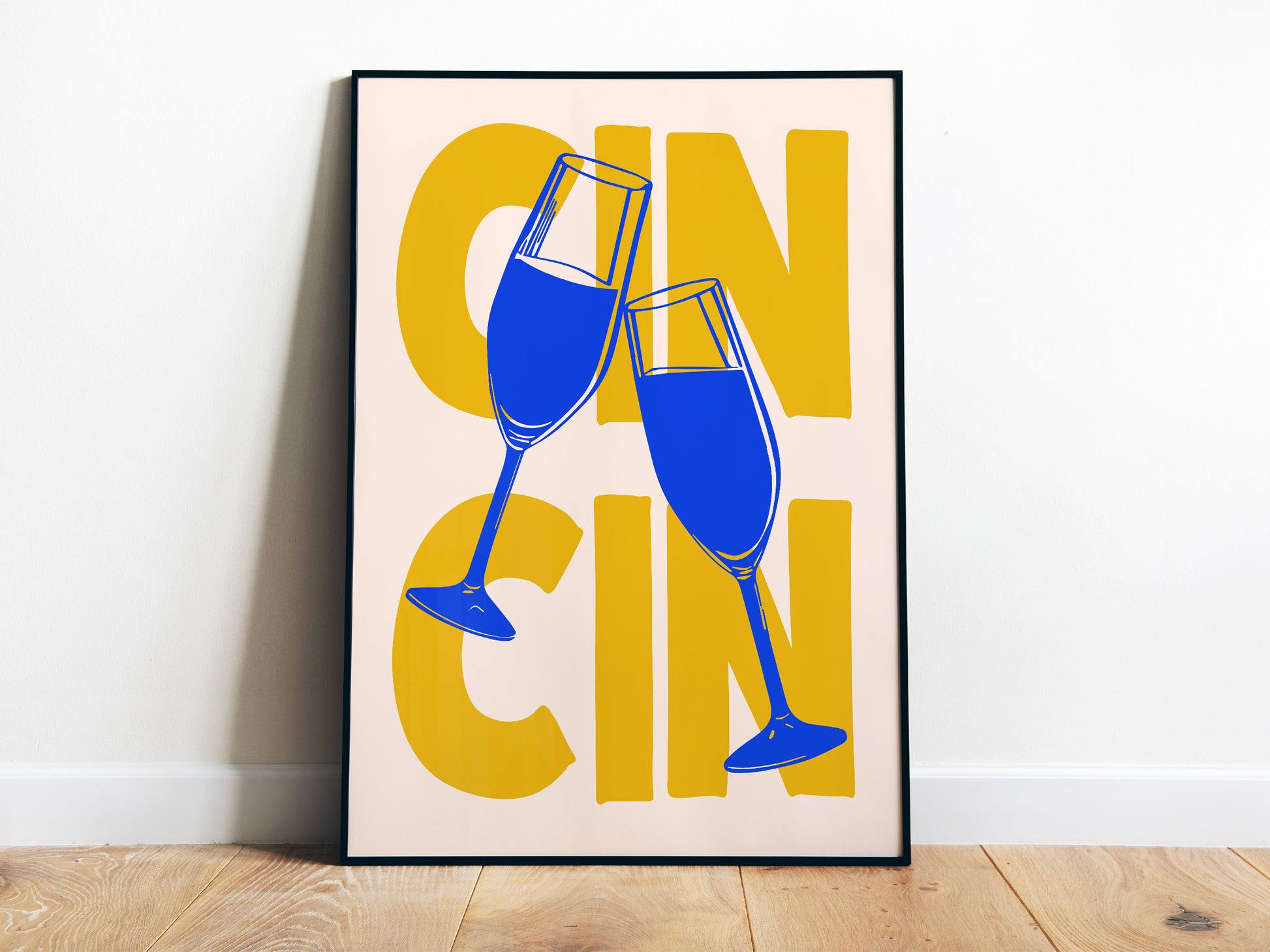 Cin Cin Poster Blue and Yellow Kitchen Wall Art Bar Cart Print Cheers Art Funny Happy Hour Art Print Retro Kitchen Nook Decor Scandinavian Art Minimalist Poster