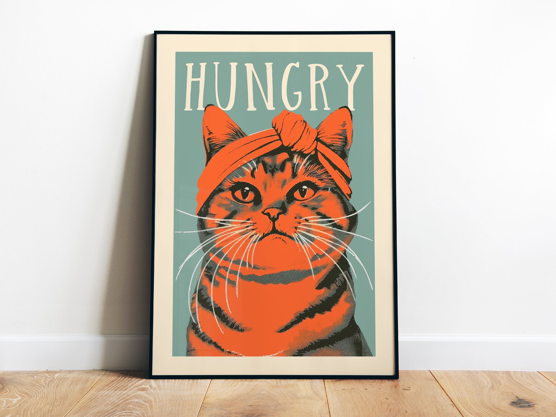 Hungry Cat Poster Kitchen Wall Art Funny Poster Blue and Orange Tabby Cat Wall Print Gift for Cat Mom Kitchen Art Print Fun Kitten Poster