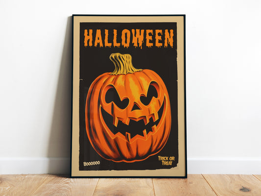 Retro Halloween Poster Pumpkin Wall Art Trick or Treat Poster Spooky Season Print Vintage Black Halloween Decor Holiday Season Art Boo Poster