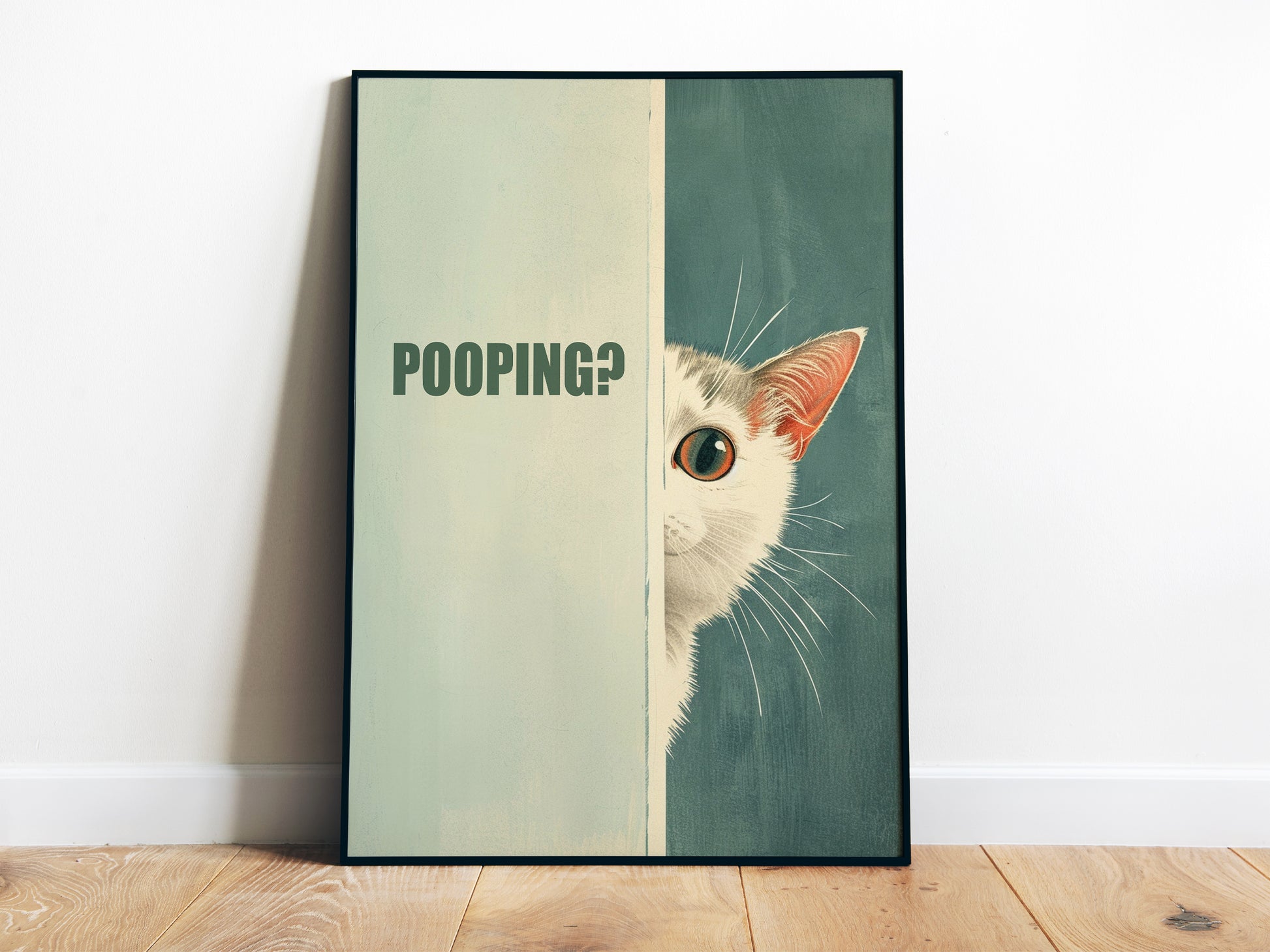 Are You Pooping Poster Cat Bathroom Art Print Funny Toilet Wall Art Cute White Cat Art Fun Poster Minimalistic Blue Bathroom Art