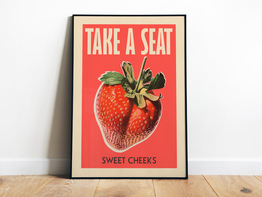 Take a Seat Sweet Cheeks Poster Bathroom Wall Art above Toilet Art Print Retro Strawberry Art Print Nice Bum Art Funny Toilet Poster