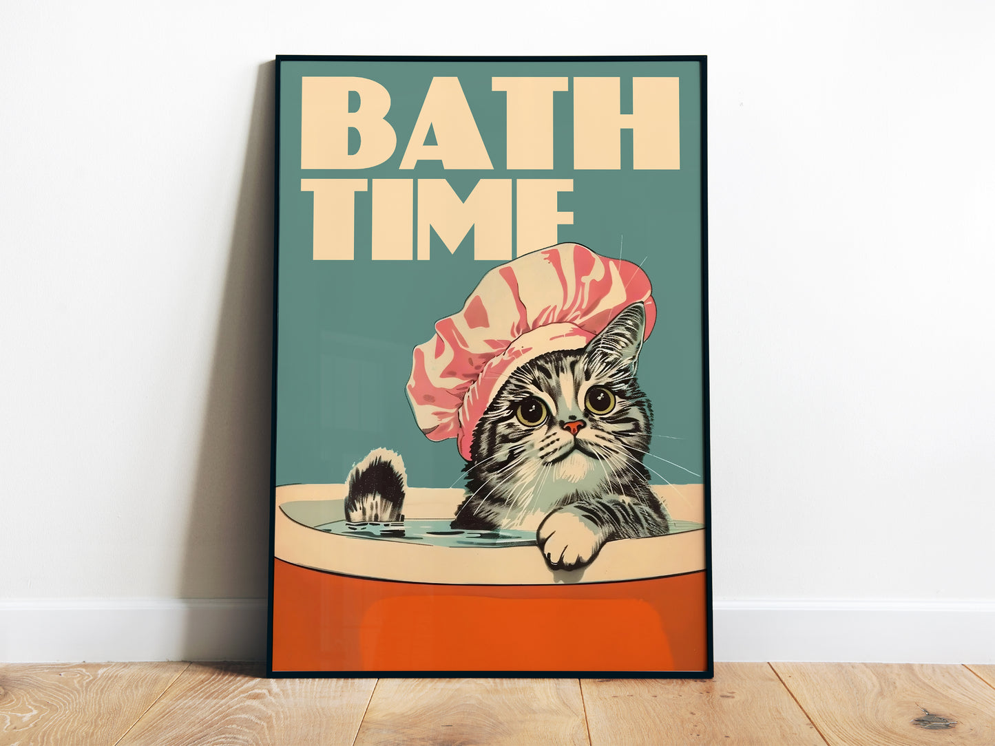 Retro Bath Time Poster Cat Bathroom Wall Art Quirky Vintage Art Print Kitty Funny Toilet Art Print Bathtime Art Bath Print