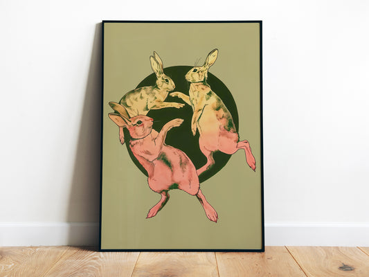 Retro Rabbits Poster Dancing Art Print Vintage Bunny Art Print Green Animal Art Funny Animal Poster Vintage Nursery Wall Art