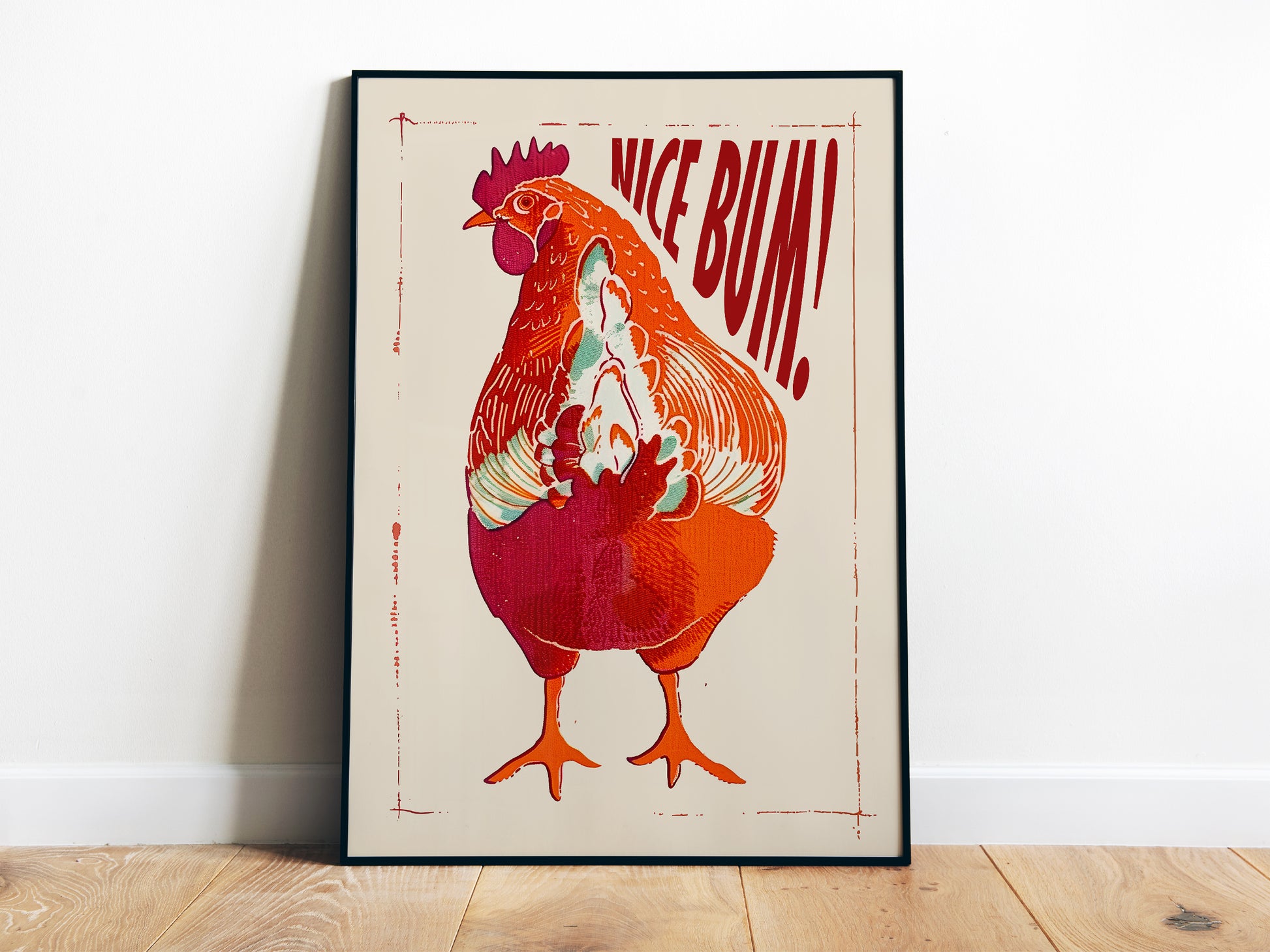 Nice Bum Wall Art Funny Toilet Poster Bird Poster Rooster Beige and Red Retro Bathroom Wall Art Chicken Art Print Funny Toilet Art Airbnb Toilet Sign