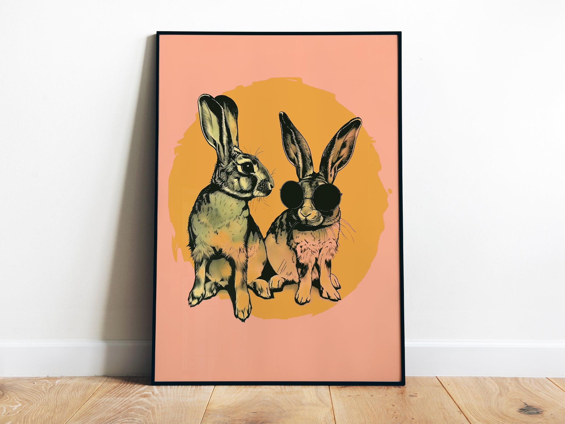 Blush Pink Retro Bunny Poster Rabbit Wall Art for Bathroom Eclectic Bedroom Decor Funny Animal Art Print Vintage Nursery Art