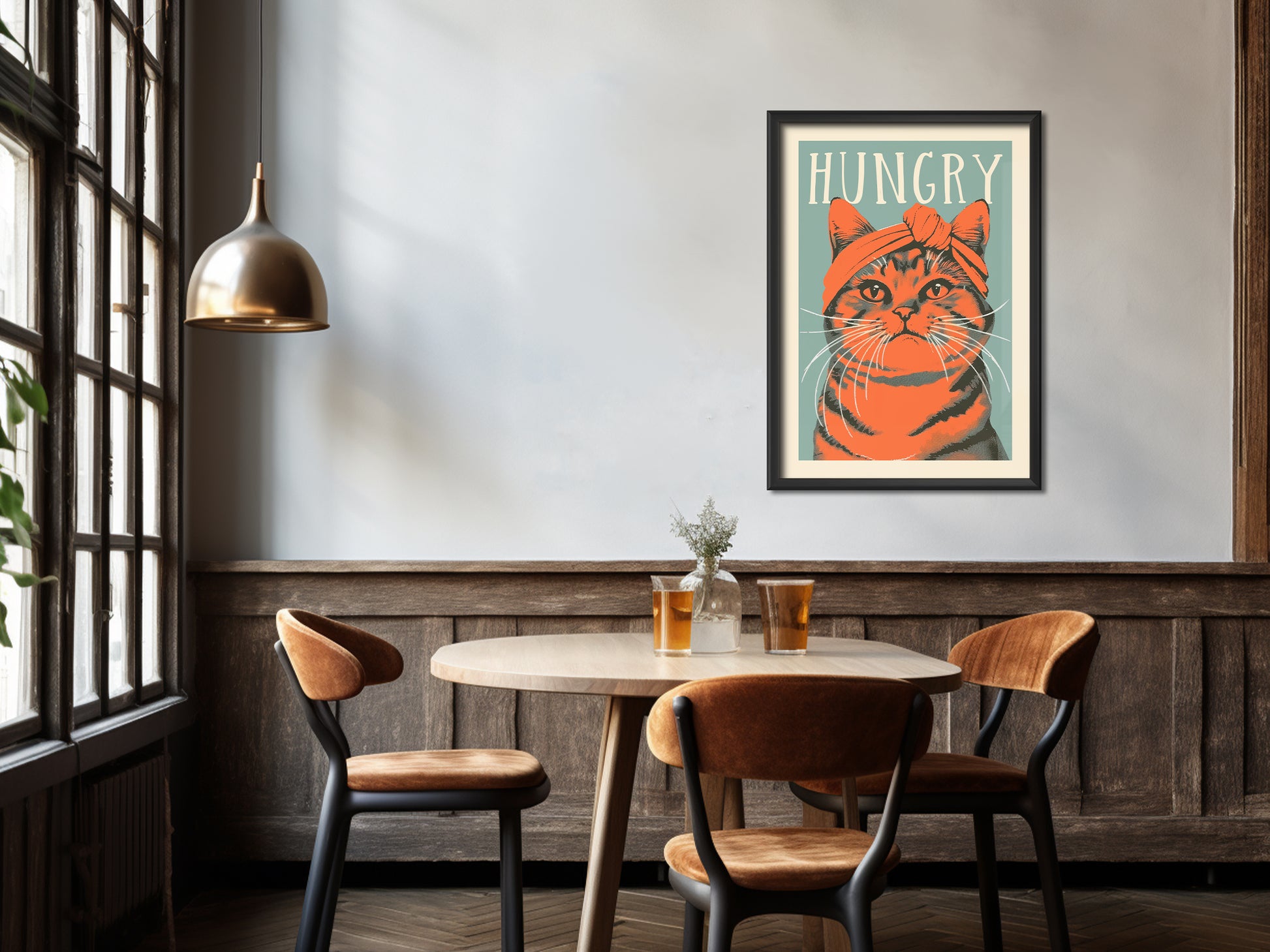 Hungry Cat Poster Kitchen Wall Art Funny Poster Blue and Orange Tabby Cat Wall Print Gift for Cat Mom Kitchen Art Print Fun Kitten Poster