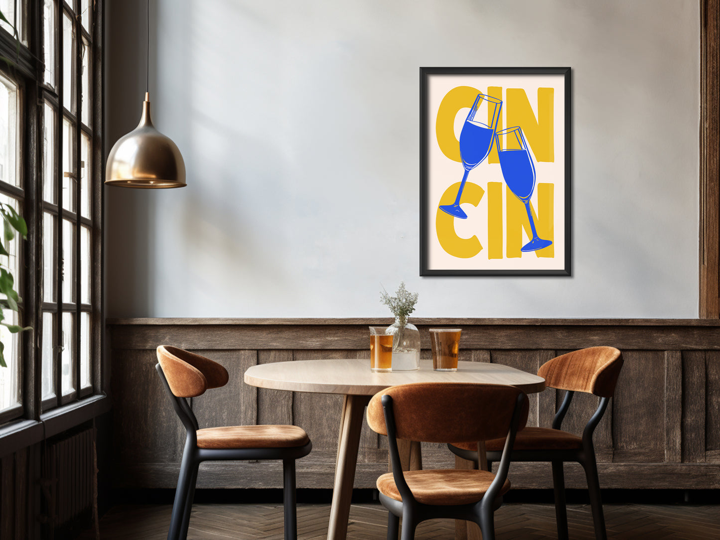 Cin Cin Poster Blue and Yellow Kitchen Wall Art Bar Cart Print Cheers Art Funny Happy Hour Art Print Retro Kitchen Nook Decor Scandinavian Art Minimalist Poster