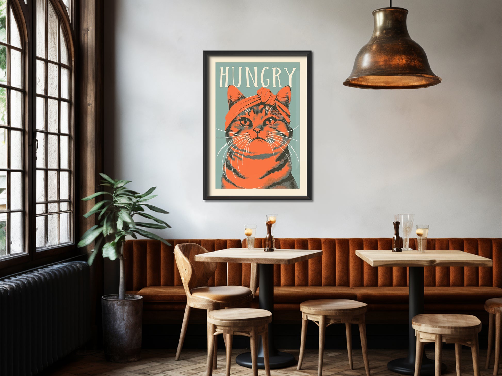 Hungry Cat Poster Kitchen Wall Art Funny Poster Blue and Orange Tabby Cat Wall Print Gift for Cat Mom Kitchen Art Print Fun Kitten Poster