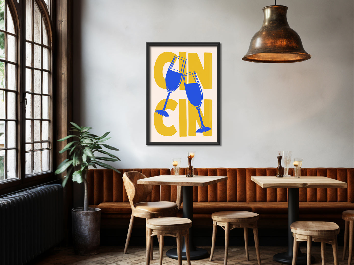 Cin Cin Poster Blue and Yellow Kitchen Wall Art Bar Cart Print Cheers Art Funny Happy Hour Art Print Retro Kitchen Nook Decor Scandinavian Art Minimalist Poster