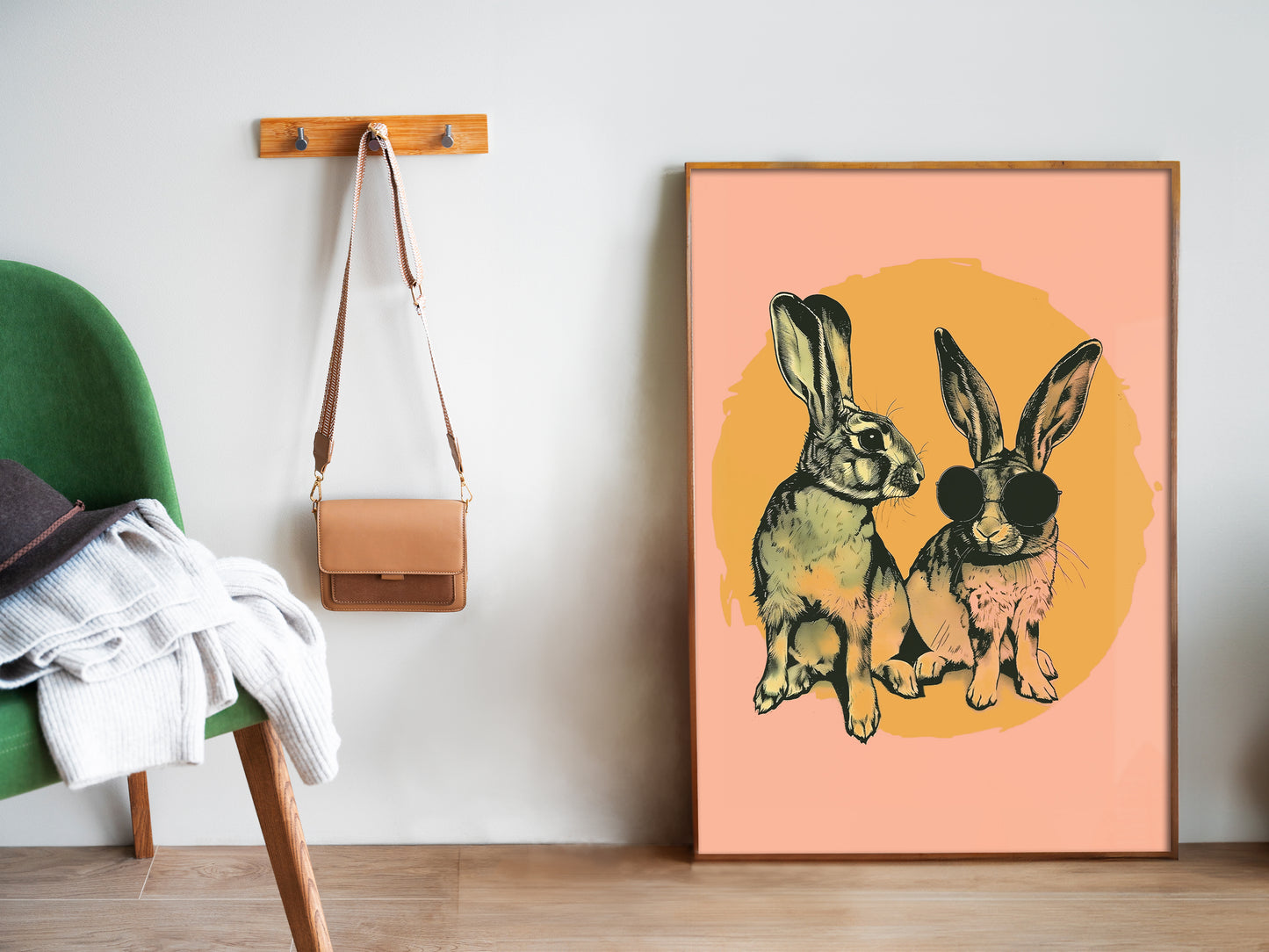 Blush Pink Retro Bunny Poster Rabbit Wall Art for Bathroom Eclectic Bedroom Decor Funny Animal Art Print Vintage Nursery Art