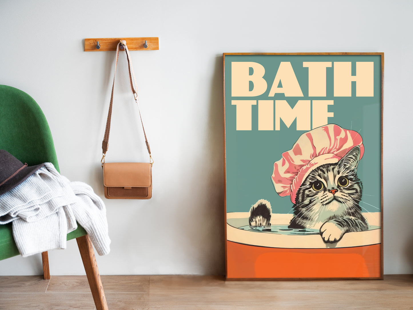 Retro Bath Time Poster Cat Bathroom Wall Art Quirky Vintage Art Print Kitty Funny Toilet Art Print Bathtime Art Bath Print