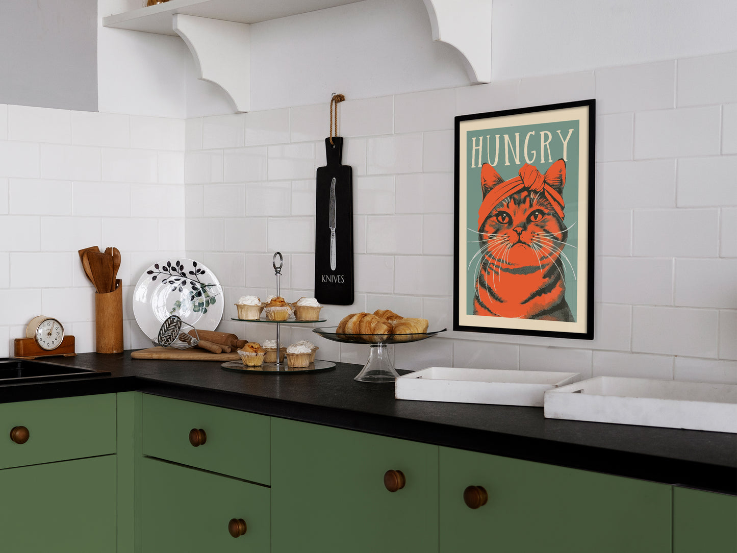 Hungry Cat Poster Kitchen Wall Art Funny Poster Blue and Orange Tabby Cat Wall Print Gift for Cat Mom Kitchen Art Print Fun Kitten Poster