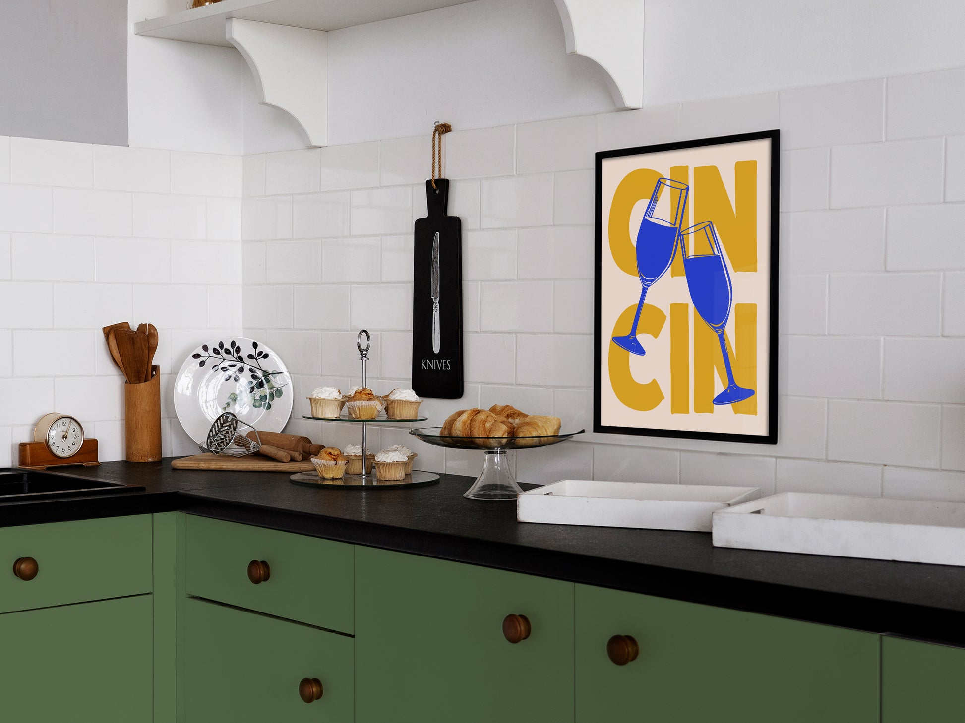 Cin Cin Poster Blue and Yellow Kitchen Wall Art Bar Cart Print Cheers Art Funny Happy Hour Art Print Retro Kitchen Nook Decor Scandinavian Art Minimalist Poster