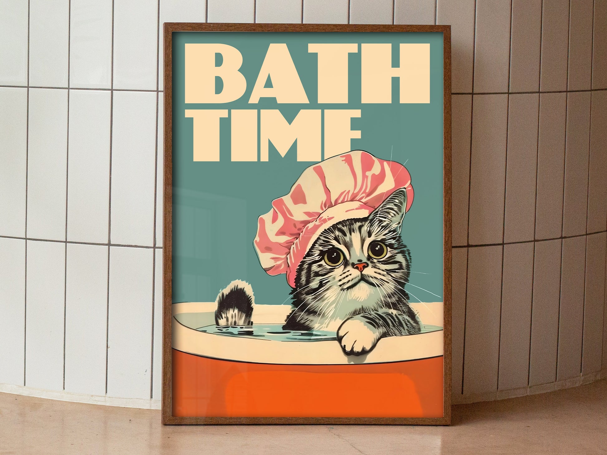 Retro Bath Time Poster Cat Bathroom Wall Art Quirky Vintage Art Print Kitty Funny Toilet Art Print Bathtime Art Bath Print