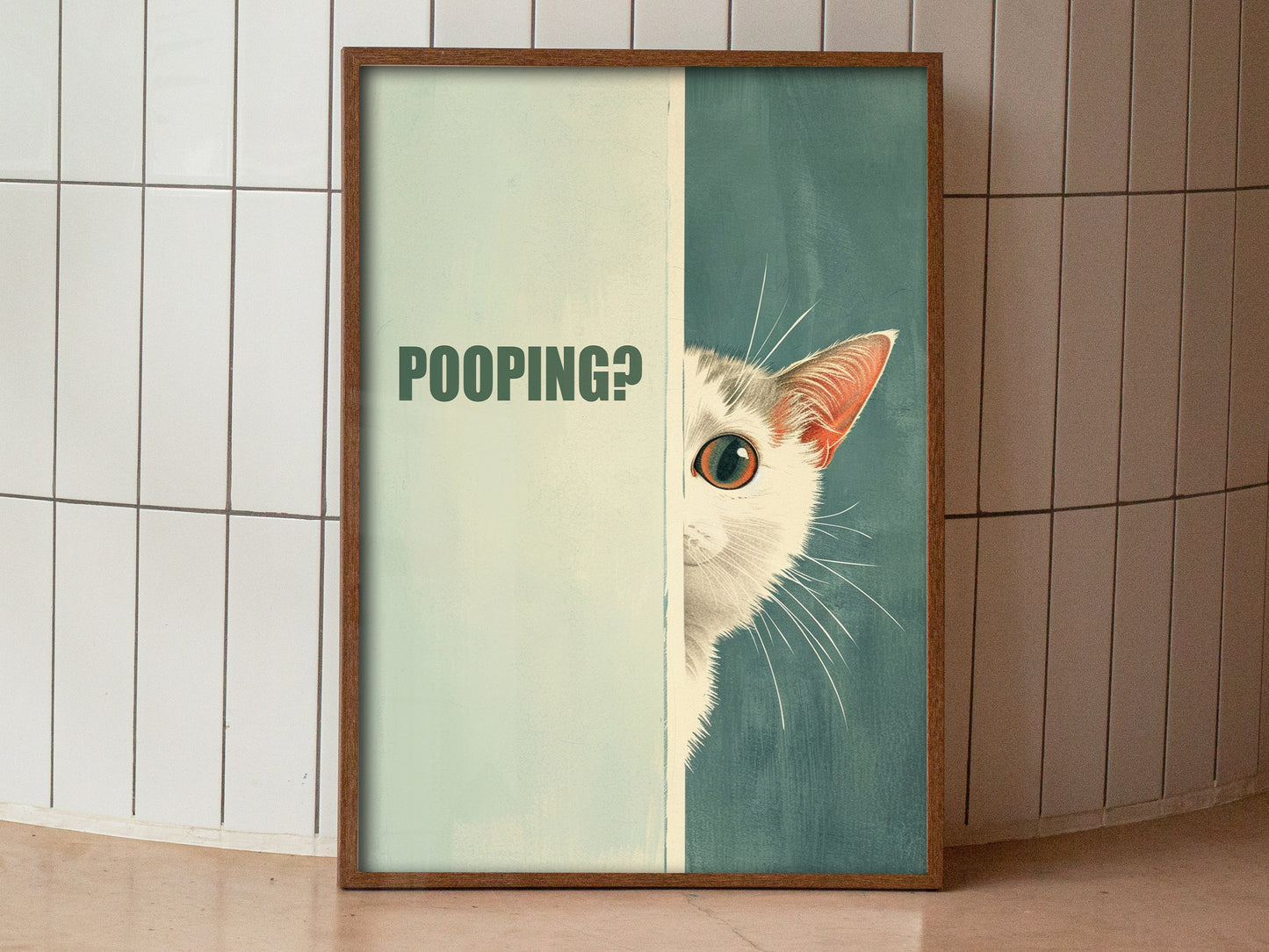 Are You Pooping Poster Cat Bathroom Art Print Funny Toilet Wall Art Cute White Cat Art Fun Poster Minimalistic Blue Bathroom Art