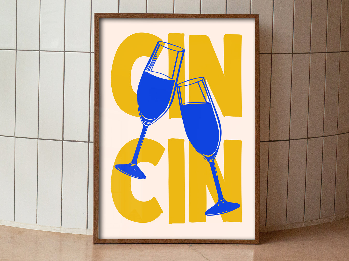 Cin Cin Poster Blue and Yellow Kitchen Wall Art Bar Cart Print Cheers Art Funny Happy Hour Art Print Retro Kitchen Nook Decor Scandinavian Art Minimalist Poster