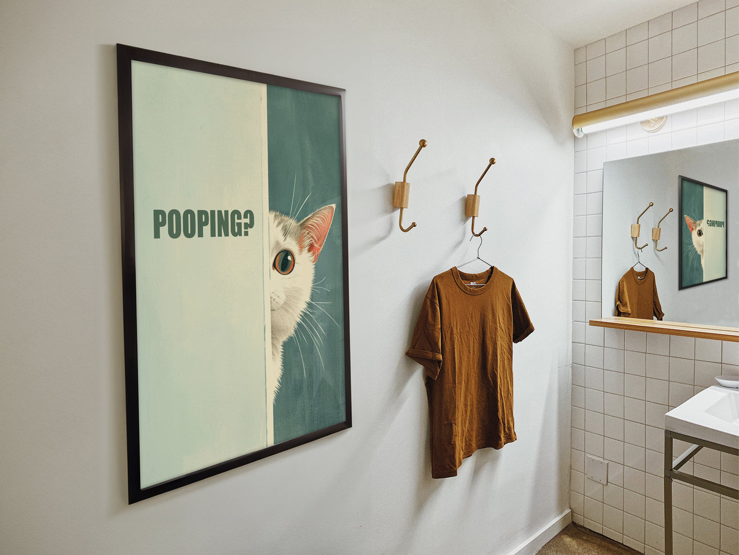 Are You Pooping Poster Cat Bathroom Art Print Funny Toilet Wall Art Cute White Cat Art Fun Poster Minimalistic Blue Bathroom Art