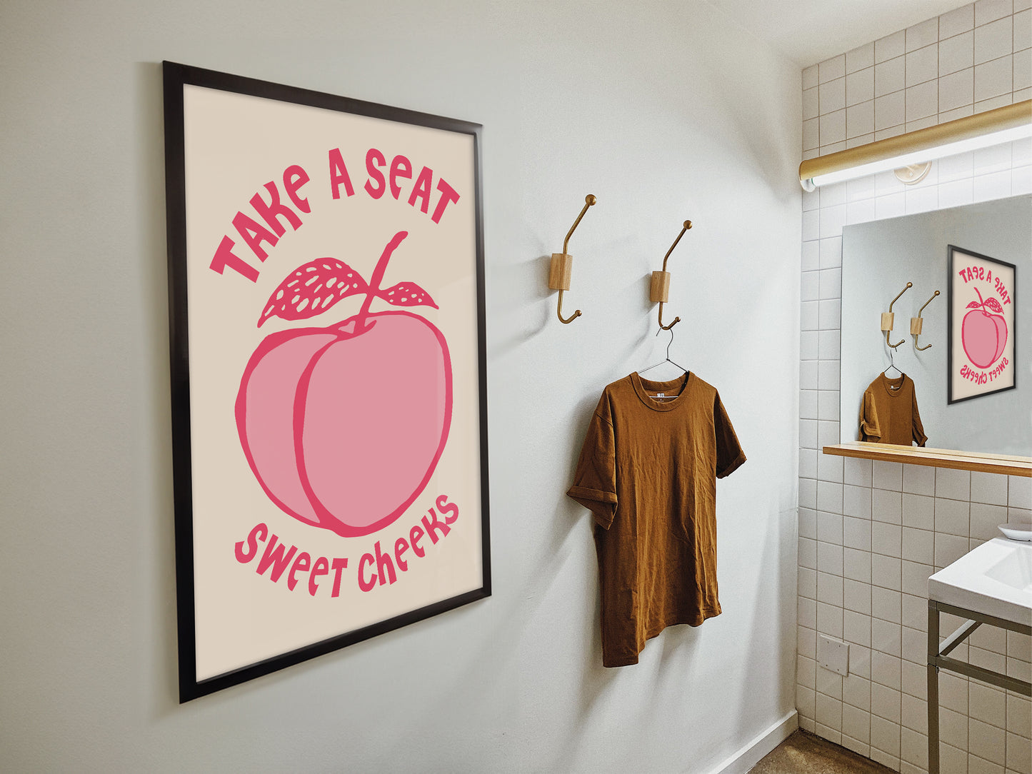 Take a Seat Sweet Cheeks Poster Peach Pink and white Bathroom Wall Art Girly Funny Print Above Toilet Decor Guest Restroom Art Airbnb Toilet Poster Print