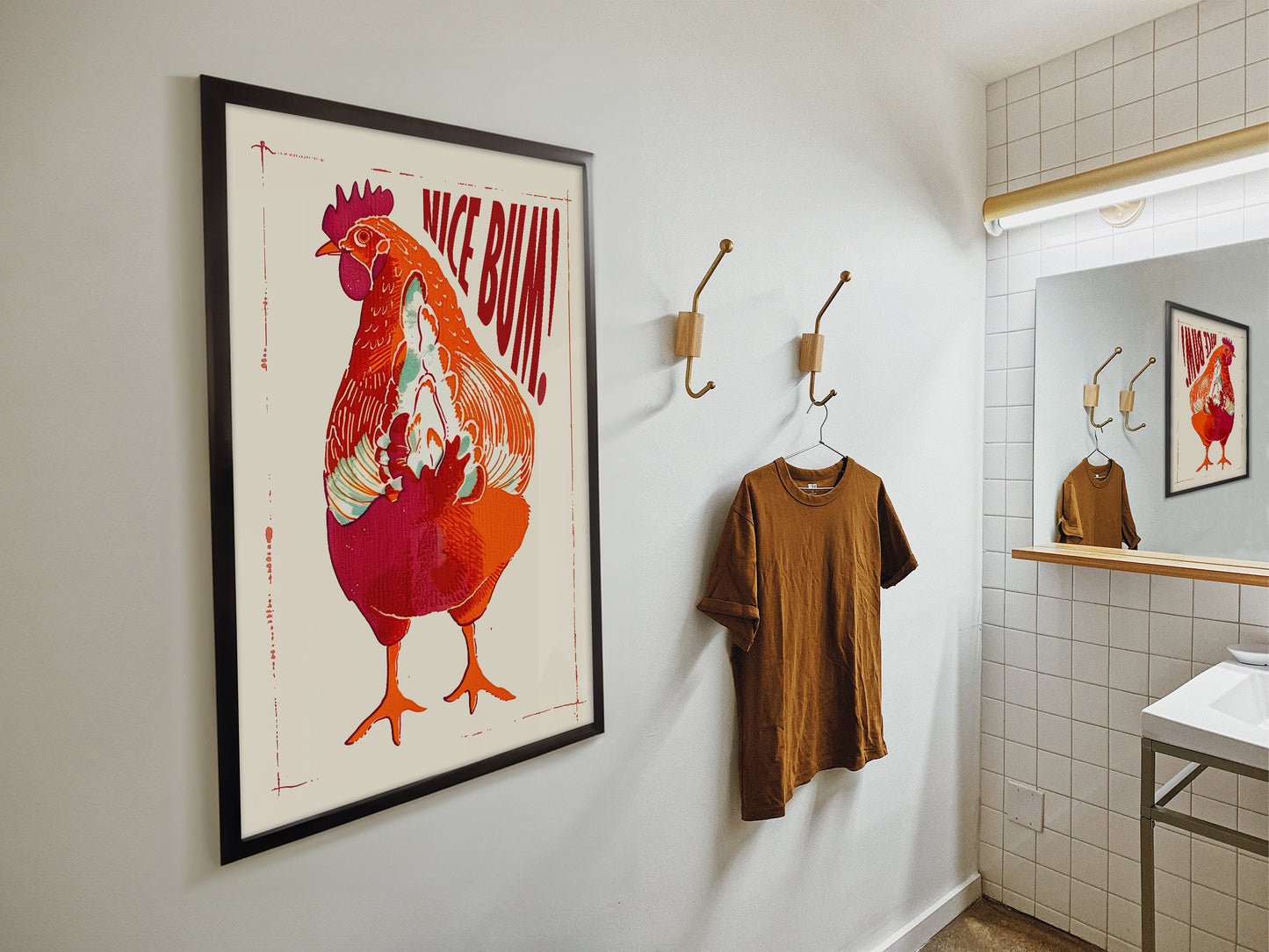 Nice Bum Wall Art Funny Toilet Poster Bird Poster Rooster Beige and Red Retro Bathroom Wall Art Chicken Art Print Funny Toilet Art Airbnb Toilet Sign