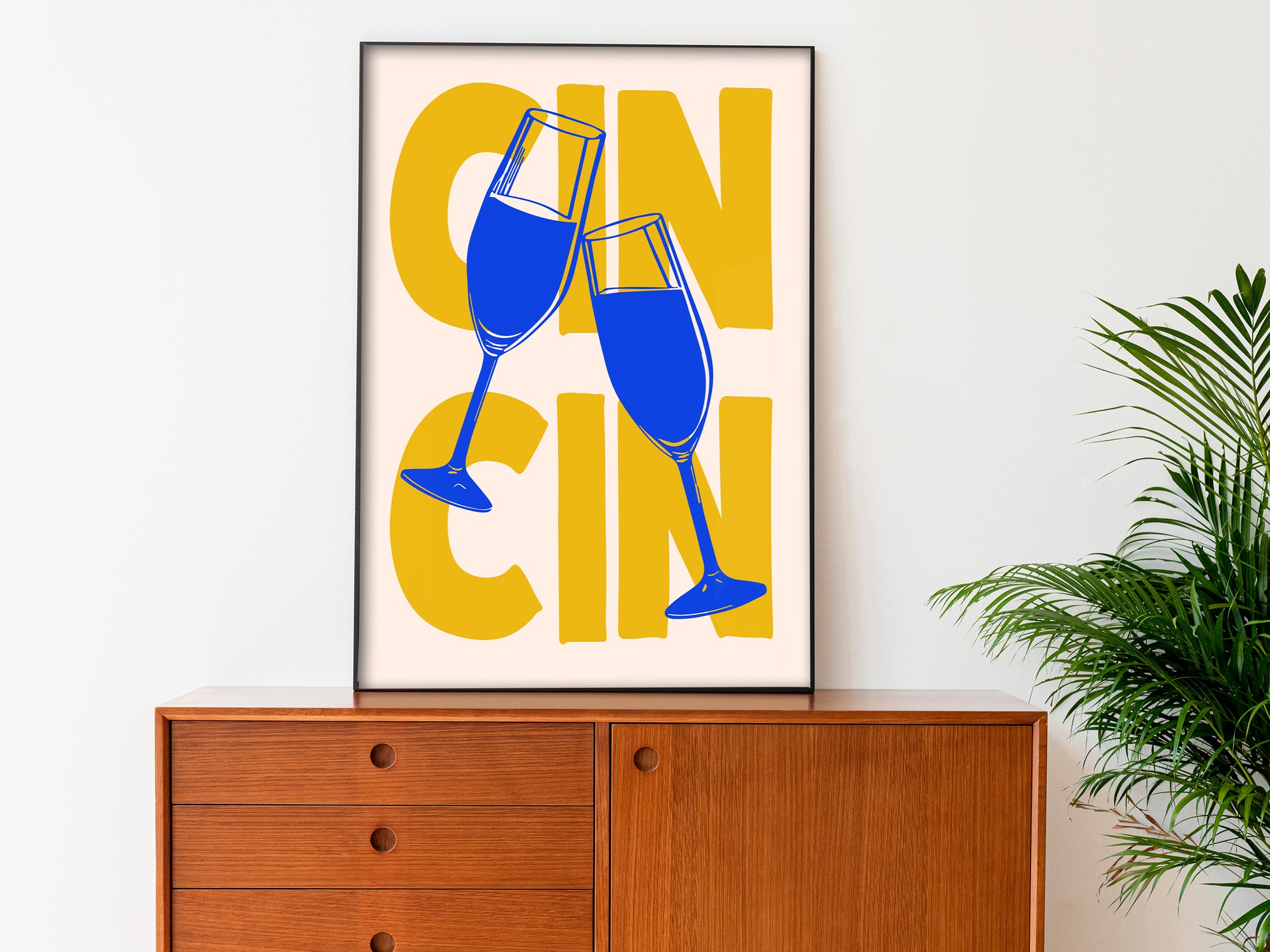 Cin Cin Poster Blue and Yellow Kitchen Wall Art Bar Cart Print Cheers Art Funny Happy Hour Art Print Retro Kitchen Nook Decor Scandinavian Art Minimalist Poster