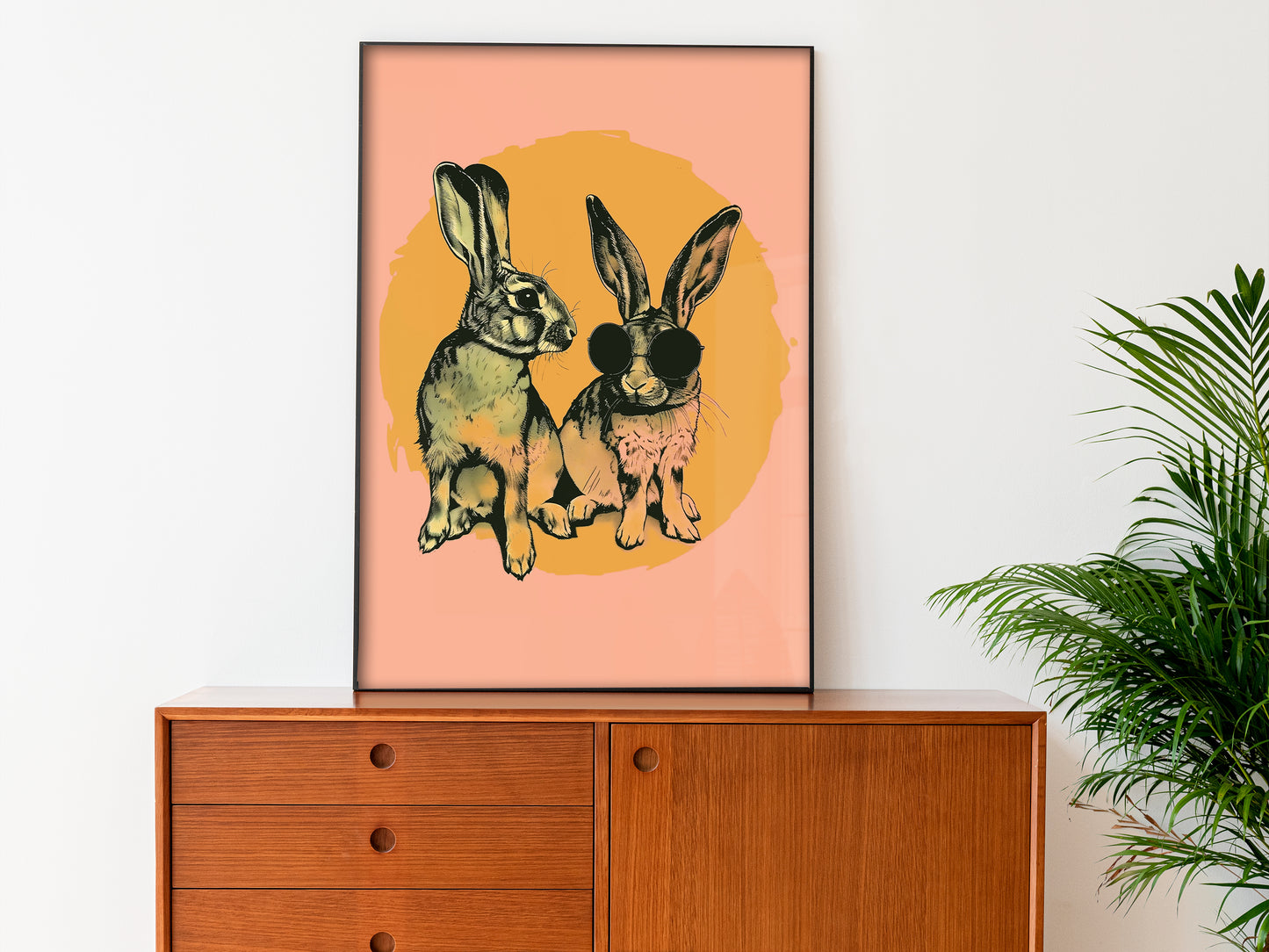 Blush Pink Retro Bunny Poster Rabbit Wall Art for Bathroom Eclectic Bedroom Decor Funny Animal Art Print Vintage Nursery Art