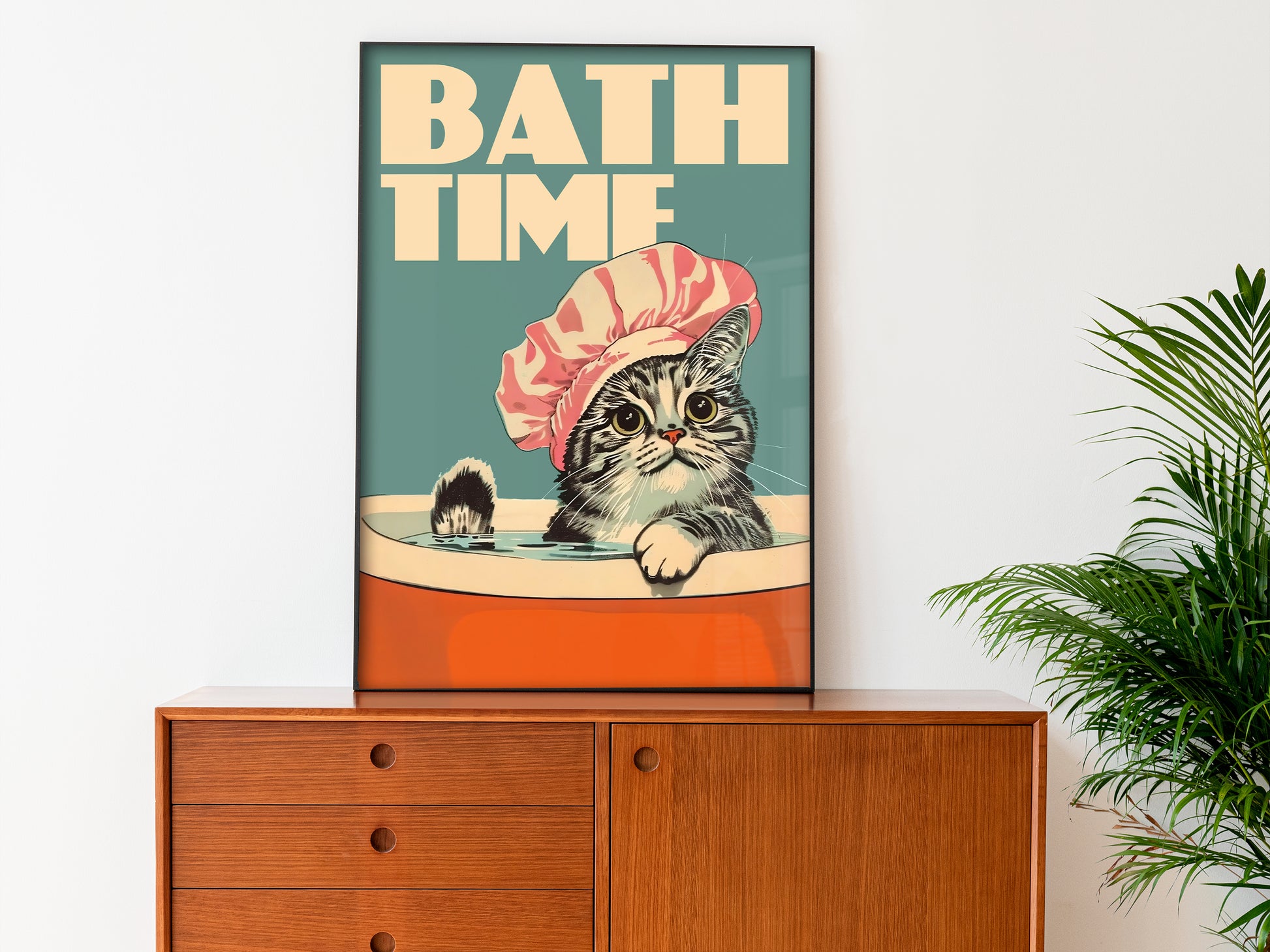 Retro Bath Time Poster Cat Bathroom Wall Art Quirky Vintage Art Print Kitty Funny Toilet Art Print Bathtime Art Bath Print