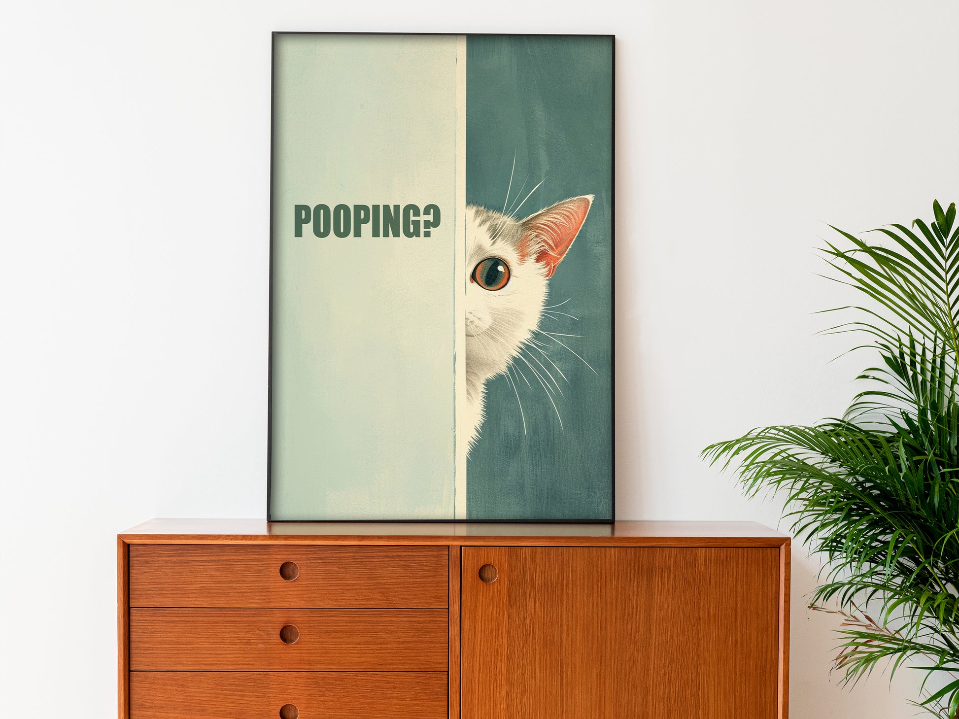 Are You Pooping Poster Cat Bathroom Art Print Funny Toilet Wall Art Cute White Cat Art Fun Poster Minimalistic Blue Bathroom Art