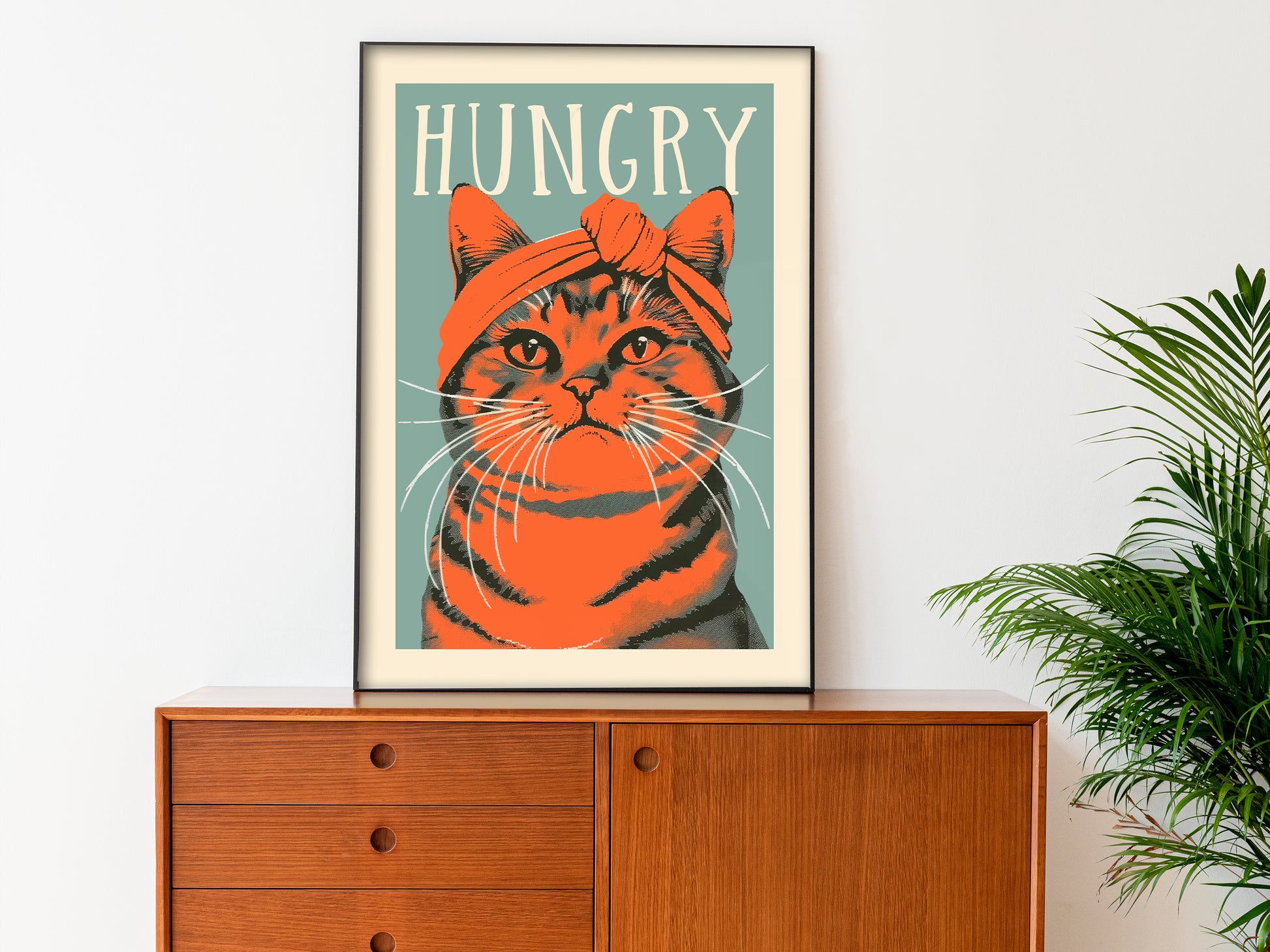 Hungry Cat Poster Kitchen Wall Art Funny Poster Blue and Orange Tabby Cat Wall Print Gift for Cat Mom Kitchen Art Print Fun Kitten Poster